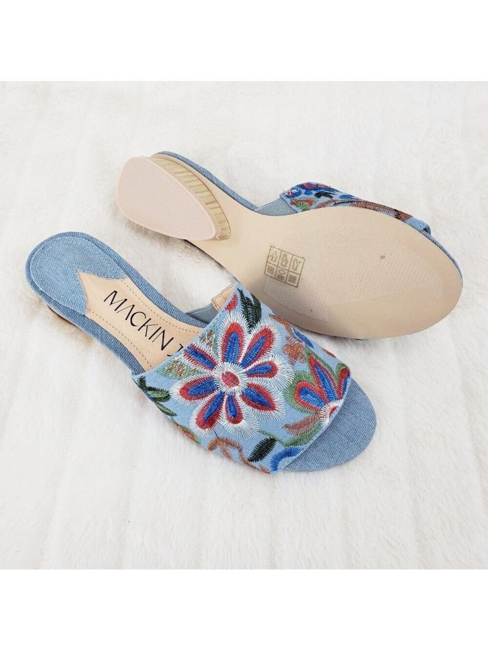 Flower Power Embroidered Denim slip on mule clogs Wood Wrap Heels 70's - Picture 9 of 10